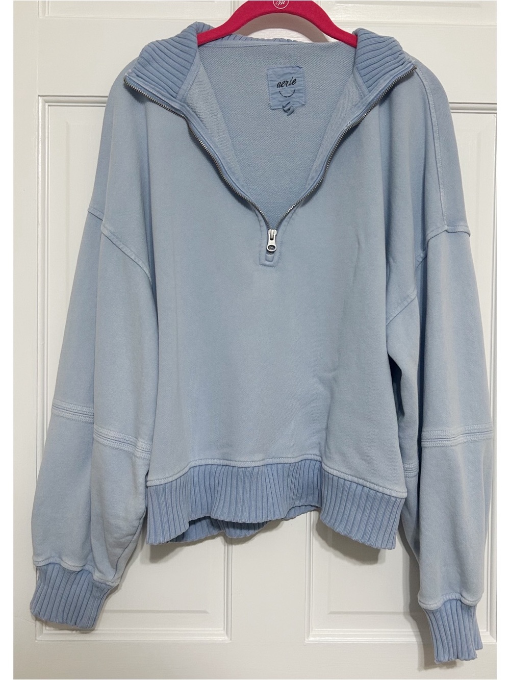 aerie Powder Blue Half-Zip Hoodie Sweatshirt cropped